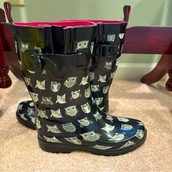 Capelli New York Owl Print Rain Boots Women’s 6 Mid-Calf Rubber Pink Lining Box - Picture 1 of 6